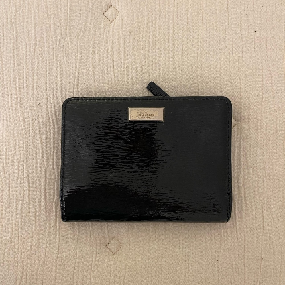 kate spade Black Patent Leather Zip-Around Wallet with Gold Plaque